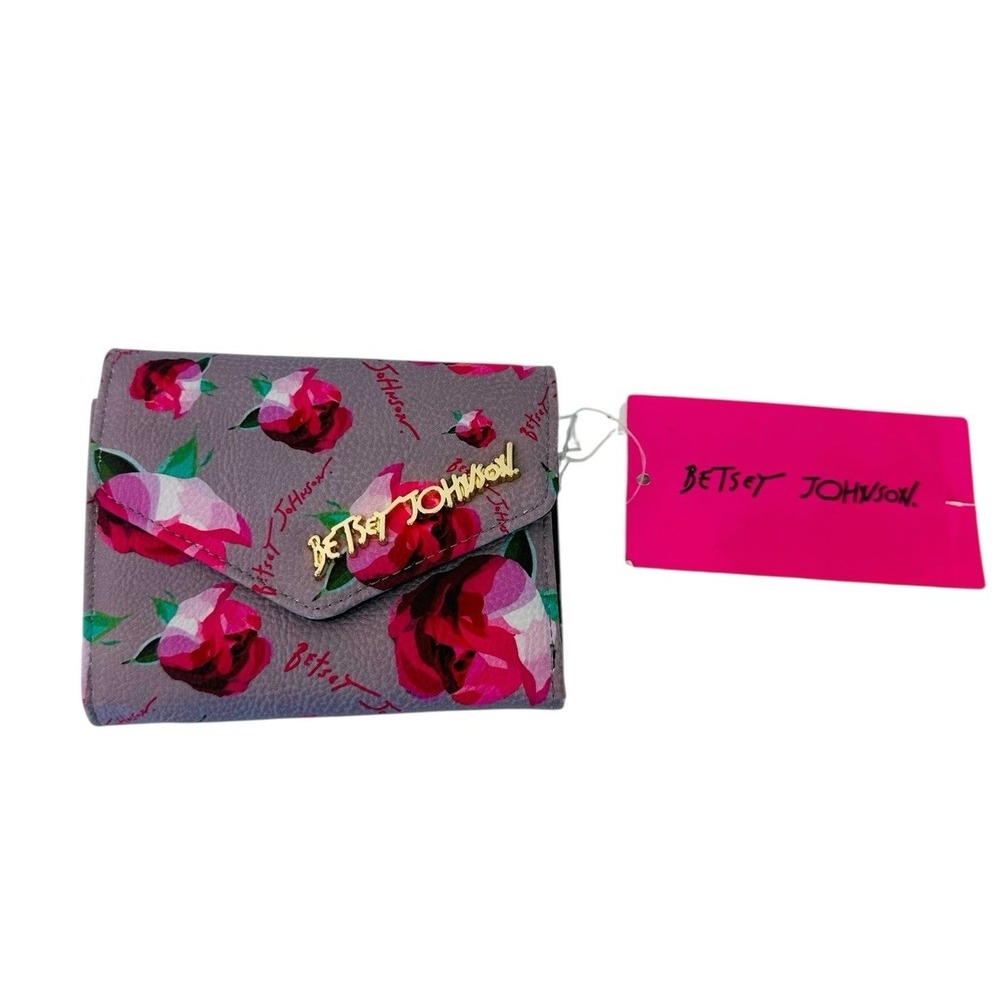 Betsey Johnson Greige XOLANA Flap Wallet Tri-Fold Card Pink Multi Color NWT